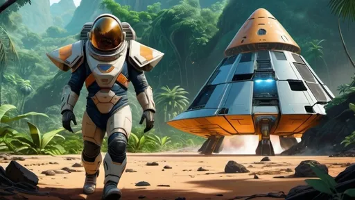 Prompt: a sole survivor cone-headed male annunaki explorer allalu wearing a fish-scale-space-suit walks toward camera away from a heavily-damaged-crashed-spaceship in the background, stranded all alone, lush jungle landscape