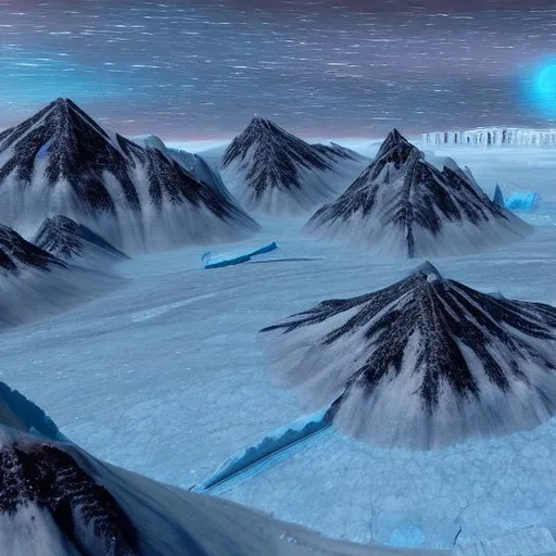Prompt: Frozen wasteland of a planet, surrounded by Binary Star System its forever Daylight. Enormous Glaciers mile's High, Mountain peaks as sharp as knives, Ailean creatures suited to that environment of cold 