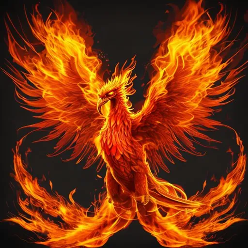 Prompt: A flaming Phoenix bird looking front with black background  with big wings