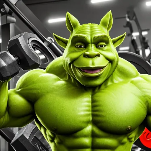 Prompt: Very complex, hyper-maximalist, overdetailed, hyper-realistic,
shreck, buff shreak lifting weights, shreck at gym, abs
