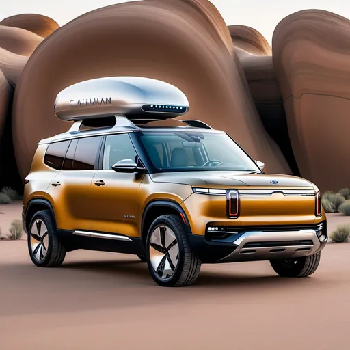 Prompt: a Rivian/Kia EV SUV that resembles a Luxgen URX, Carlmann King, Vintage Airstream, and Mars Rover. it is the color #008080