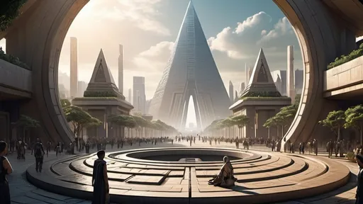 Prompt: human-scale circular portal, gateway between cities realms worlds kingdoms, ring standing on edge, freestanding ring, hieroglyphs on ring, complete ring, obelisks, pyramids, futuristic towers, garden plaza, large wide-open city plaza, wide vista view, futuristic cyberpunk dystopian setting