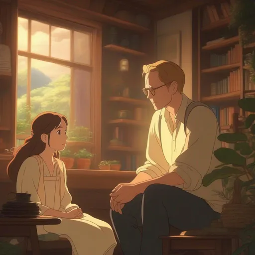 Prompt: ghibli characters based off of elizabeth olsen and paul bettany, scene from a ghibli movie, studio ghibli, consistent lighting and mood throughout