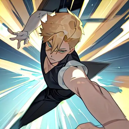 Prompt: A short-haired blond male doing dynamic pose from an extreme angle, anime art