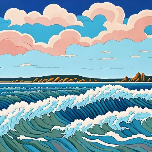 Prompt: Landscape, Canada, stormy coastline, large ocean waves, daytime background, clouds, acrylic on canvas, abtract, in the style of Lawren S. Harris.