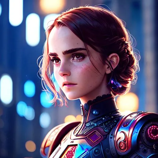 Prompt: CREEPY Android Woman ((Emma Watson)) , Gal Gadot ,DEAD  Eyes, Glow in Hair, intricately flowing hair, Cute Cyborg RED/BLUE GLOWING  Body, Intricate  RED metal lace body armor, 50mm (((face close-up))), Cyberpunk garden in the background, cinematic Shot, intricate details, Cinematic lighting, Soft light,  ((( ornamental artwork by Tooth wu and Beeple))) , insane details, photorealistic 