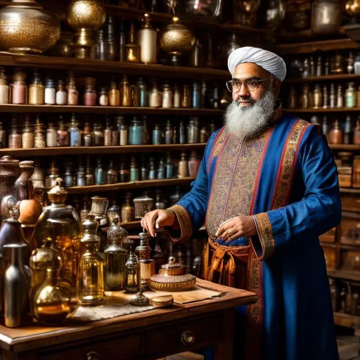 Prompt: A 4k ultra high res image of  Emphasis on A kindly shopkeeper wearing traditional wooden spectacles and an apron over his medieval clothing, stands amidst the 
 cozy (((medieval apothecary shop))), with dusty bottles and ancient scrolls scattered across the floor, giving off a sense of antiquity.