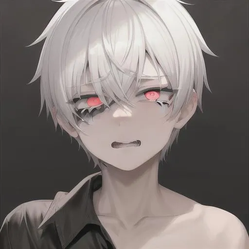 Prompt: A scary  boy  with short hair
that looks like a girl, white eyes with a tear running down his face