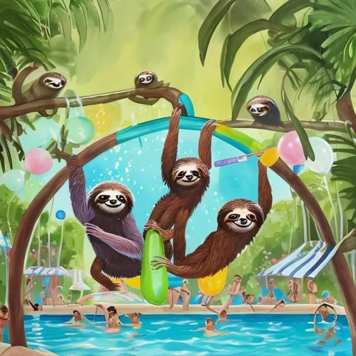Prompt: a painting of sloths having a pool party