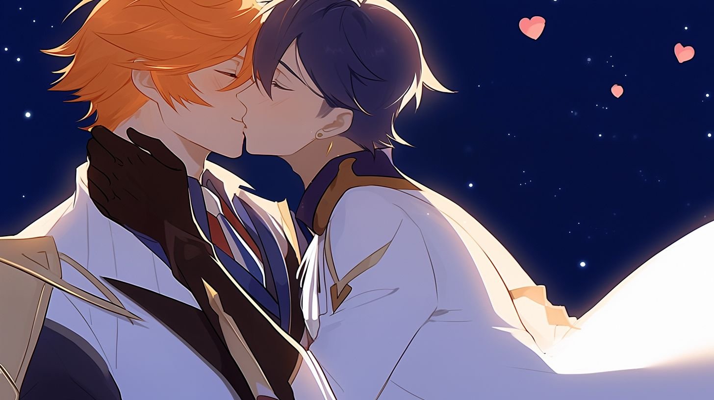 Prompt: two men kissing, in love, one with purple hair, one with orange hair, blue eyes, Tartaglia from Genshin inpact, elaborate clothing and earrings, surrounded by golden shooting stars on a moonlit night on a deep blue sky --iw 1.2 --niji 5 --style expressive --ar 16:9