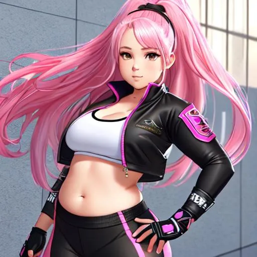 Prompt: Cute chubby athletic girl wearing fantasy martial artist gear, slight muscles, hands on hips, long pink hair, leggings, cropped shirt, cropped jacket, fingerless gloves, bare belly, detailed belly, detailed navel, very high quality, very detailed, trending on artstation, anime, Full body character, UHD, 8K, masterpiece, high quality face,