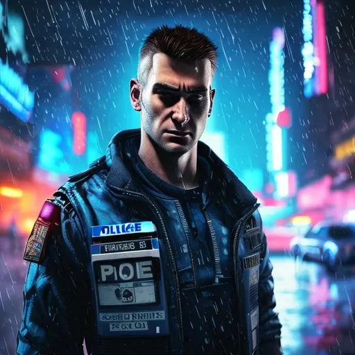 Prompt: Cyberpunk policeman american white male 30 Years old  police car lights on raining 
Pistol 