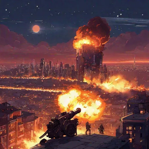 Prompt: A scifi howitzer firing to runined city in distance. city ablaze. night sky. light from right. city in flame. rpg art. 2d art. 2d.