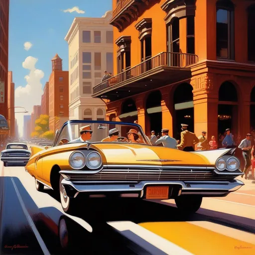 Prompt: 1960s, Chicago, car chase, sunny weather, warm atmosphere, cartoony style, extremely detailed painting by Greg Rutkowski and by Henry Justice Ford and by Steve Henderson