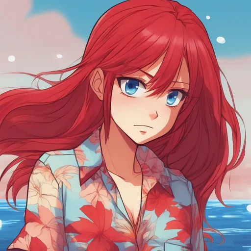 Prompt: Anime Style, young adult female, wearing open Hawaiian shirt, with long blood-red hair, blue eyes, with red water in the background.
