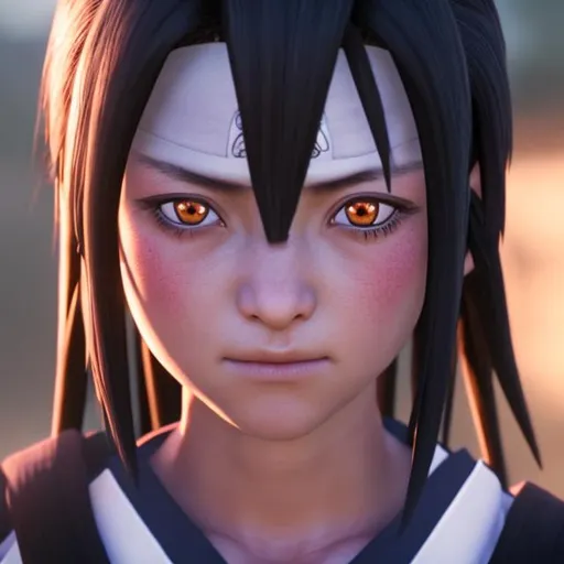 Prompt: Closeup face portrait of a woman animated with sasuke uchiha’s eyes   And Sakura’s face from Naruto. Hyper realistic 