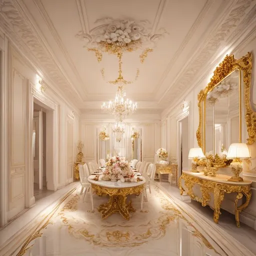 Prompt: Elegant Rococo style white room with Corinthian columns, elegant white floral decorations, elegant mirror, golden trim