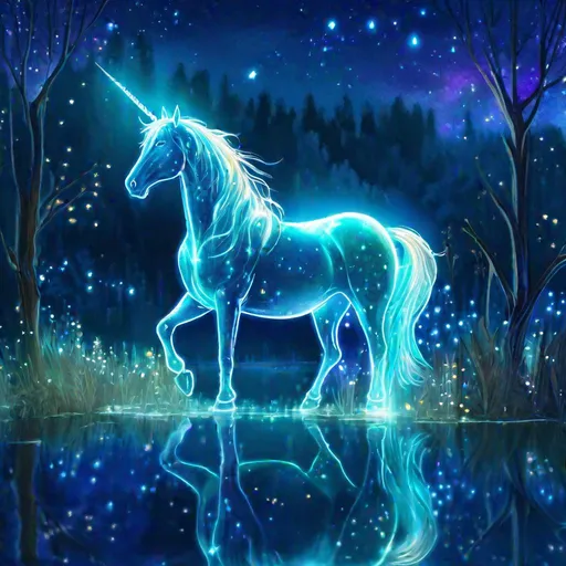 Prompt: An fantasy translucent unicorn that is glowing, on a lake surrounded by willows, beneath the stars, bioluminescent, highres, best quality, concept art