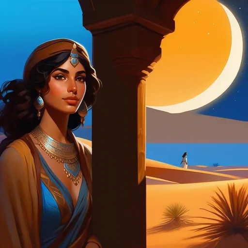 Prompt: Third person, gameplay, ancient Morrocan girl, olive skin, curly brown hair, brown eyes, blue atmosphere, desert, Casablanca at night, cartoony style, extremely detailed painting by Greg Rutkowski and by Henry Justice Ford and by Steve Henderson 