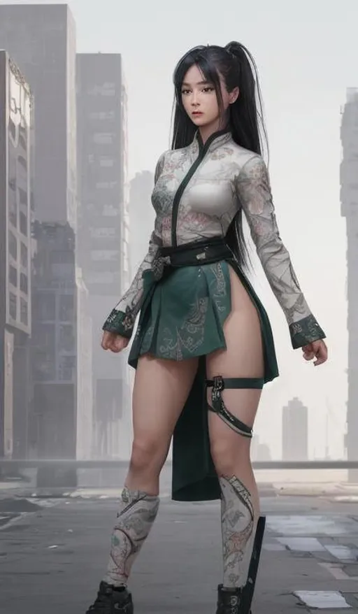 Prompt: Professional Photo Realistic Image of a hyper stylized feminine Korean martial artist, wearing a tight feminine army uniform with skirt, beautiful perfect young elegant woman, perfect super cute face, absolute exact body proportions, intricate hyper detailed random color hair, intricate hyper detailed stylized makeup, intricate hyper detailed full body visible, lean feminine body, in a dystopian city,

HDR, UHD, high res, 64k, cinematic lighting, special effects, hd octane render, professional artist, studio lighting,

by Artstation illustrators, by DevianArt illustrators, intricate details, face,  full body portrait, headshot, illustration, Flawless 3D Rendered