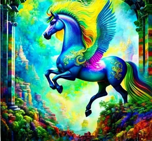 Prompt: mythical vibrant colourful Pegasus, two colourful wings, four legs, A medium-sized male quadruped, in his late adolescence, is depicted in this artwork, showcasing an extraordinary level of detail. The painting, executed in fine oil, is a true masterpiece, with meticulously crafted elements throughout. The background is intricately rendered, providing a rich and immersive setting. The character itself is portrayed in ultra-high definition (UHD), allowing for an unparalleled level of visual clarity and detail.

The quadruped possesses wind powers, which are visually represented by his voluminous billowing fur, resplendent in shades of white-gold. The fur is adorned with glistening gold hairs and speckled with sapphire crystals, adding a touch of enchantment to his appearance. His long, sky-blue ears stand out prominently, complementing his vivid magenta-pink eyes that exude confidence and boldness.

Every aspect of his face, including the eyes and fur, is rendered with astonishing detail, capturing the intricacies and textures with precision. He embodies the essence of a majestic wolf prince, exhibiting a playful demeanour reminiscent of a fox and an energetic spirit akin to a deer.

The character is depicted in a fantasy garden, bravely standing against a violent windstorm. His beautiful long hair and fur flutter and rustle in the gale, emanating magical colours that add to the ethereal atmosphere. A halo of auroras surrounds him, casting a radiant glow, while a tilted halo above accentuates his regal presence.

The scene unfolds atop a breathtakingly tall mountain peak, where the pink twilight sky sets the stage for this captivating portrayal.
