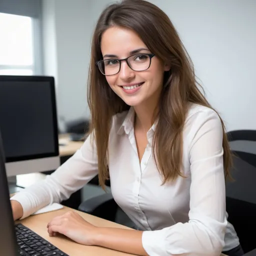 Prompt: crea la imnagen de una chica de unos 25 años trabajando en su oficina. su rostro es alegre, se siente bien, satisfecha. La oficina es en un periódico digital y hay otras personas en sus escritorios