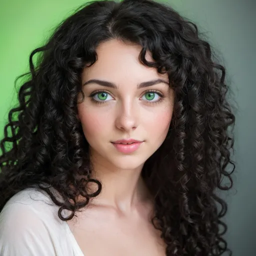 Prompt: Beautiful young woman with long black curly hair, creamy white skin, and big green eyes