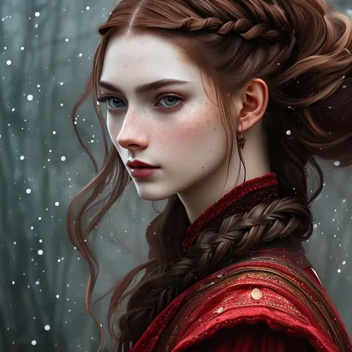 Prompt: skinny woman, brown eyes, noble style, pale skin, freckles, sad and depressed features, medieval braided hair, hair with braids,  front facing, house baratheon, asoiaf, medieval character, red and black tudor dress, noble dress, expensive jewelry, night background, paint brush digital art, dark mood, messy and chaotic paint brush, style paintbrush, character portrait
