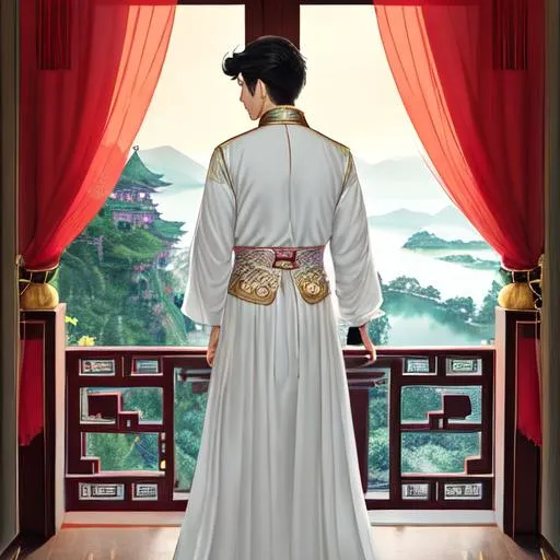 Prompt: beautiful Chinese prince wear a long dark dress standing on a balcony overlooking a cliff with the light of the full moon shining on his face. his face is melancholic and beautiful with a tear drop of blood falling down his eyes  and there is wind slightly blowing his long gray hair from behind. the perspective is a medium shot with a grand golden palace behind him, 4k digital art, the face must be highly detailed.