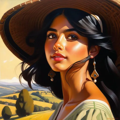 Prompt: Basque girl, olive skin, black hair, dark brown eyes, in Northern Spain, cartoony, sunny atmosphere, extremely detailed painting by Greg Rutkowski and by Henry Justice Ford and by Steve Henderson