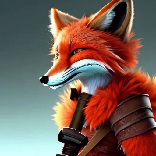 Prompt: red furry fox 
with a katana on the background

