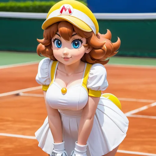 Prompt: day, tennis court background, female, Princess Daisy, super mario, anime style, solo focus, curvy figure, looking at viewer,  tennis position