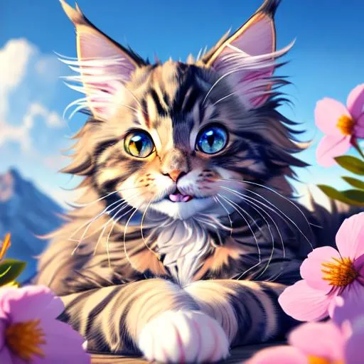 Prompt: Highly realistic of Maine Coon cat,cute,pretty eyes,Adorable,happy,playing,masterpiece,epic,soft lighting,mountain,highly detailed,Sharp focus,blue sky,full of flowers,cloudy,ultra-fine detailed,aesthetic,ilustration,artstation