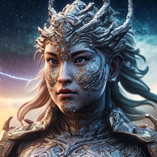 Prompt: (extremely detailed) (hyper realistic) (sharp detailed) (cinematic shot) (masterpiece)female god from above, centered,selfie pose, fullbody view, moonlight,  extraordinary shot, night sky, mountains, river, stars, nebula ,clouds, stunning beauty, 3D illustration, high resolution, reflactions.