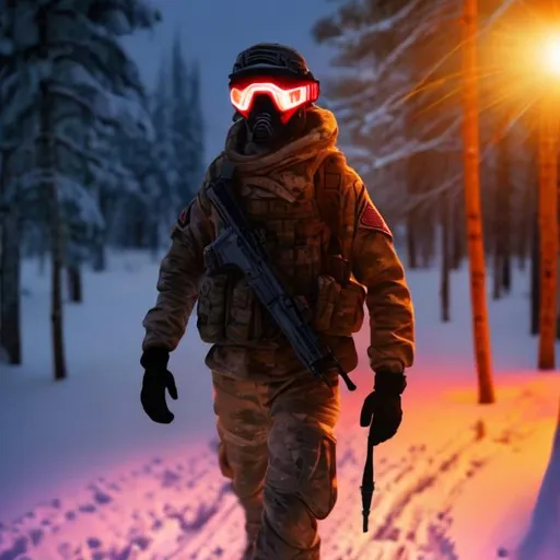 Prompt: Soldier walking in the snow in the dark winter with bright red light goggles