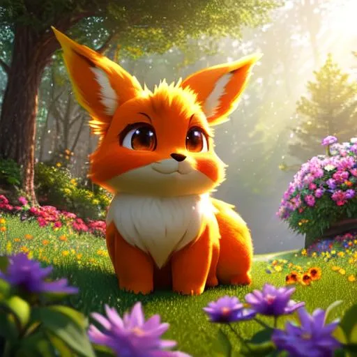 Prompt: Disney Pixar style Flareon Pokemon, highly detailed, fluffy, intricate, big eyes, adorable, beautiful, soft dramatic lighting, light shafts, radiant, ultra high quality octane render, daytime forest background, field of flowers, bokeh, hypermaximalist