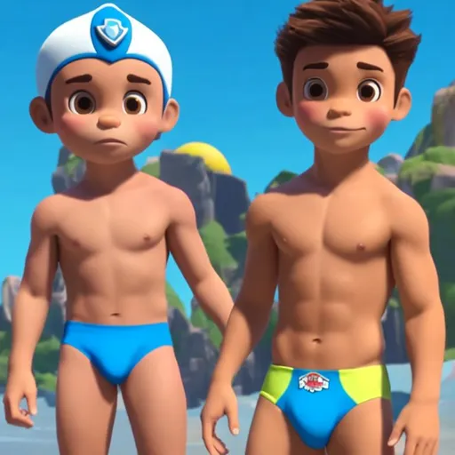 Prompt: Ryder human from paw patrol  cartoon wearing  speedos
