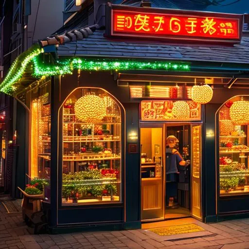 Prompt: there is a small restaurant with a lot of lights on it, unsplash photo contest winner, a tilt shift photo, tekkonkinkreet, unsplash photography, unsplash, clean detailed anime style, highly detailed diorama, f1.8 anamorphic, clean architecture, hd —h 1024