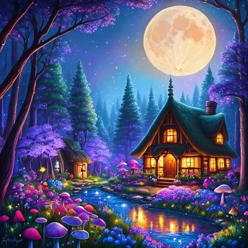 Prompt: Disney style, moon, forest, flowers, nighttime,  fairy cottage, mushrooms, bubbling stream, galaxy, art, painting, sweet, fireflies, spooky dark forest