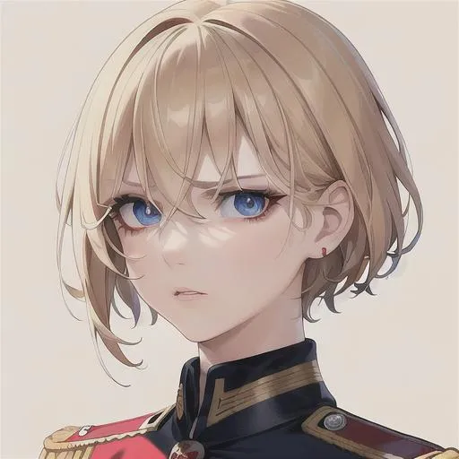 Prompt: (masterpiece, illustration, best quality:1.2), portrait, mad expression, mature look, death stare, eye bags under eyes, black eyelashes, pixie style haircut, blonde hair, blue eyes, all red German soldier uniform, best quality face, best quality, best quality skin, best quality eyes, best quality lips, ultra-detailed eyes, ultra-detailed hair, ultra-detailed, illustration, colorful, soft glow, 1 girl