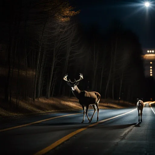 Prompt: A buck crossing the road at night. Headlights of oncoming vehicle shining on him