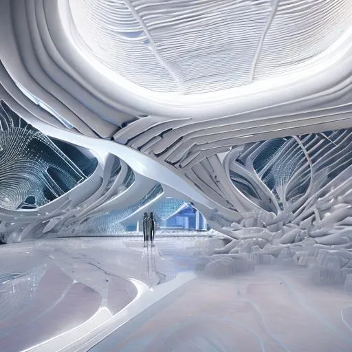 Prompt: white themed interior by Zaha Hadid, parametric architecture, interior sustainable garden, wooden decoration, violet neon lightning, people, reflections, Arturo Tedeschi, 8k, octane render, ultra hd render, finely detailed, shadows, interiorZaha Hadid atmosphere, ultra quality photo realistic, hyper realistic