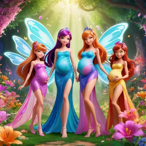 Prompt: Winx Club members, fairies Bloom, Stella, Musa, Flora, Tecna and Aisha, all of them pregnant