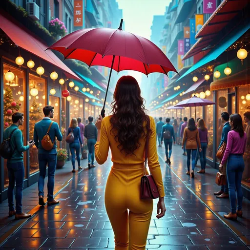 Prompt: a woman holding an umbrella in the rain in a city street with people walking on the sidewalk, Evgeny Lushpin, fantasy art, highly detailed digital painting, a detailed matte painting