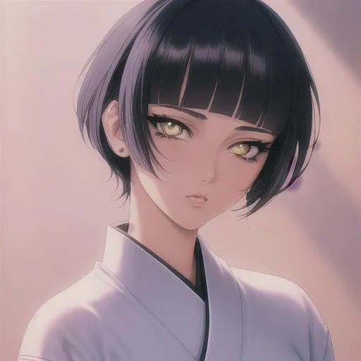 Prompt: 90s anime style, detailed, intricate face, detailed eyes, gentle tones, 90s Japanese theme, 90s tones, beautiful woman, short white hair, gowing yellow eyes, black pupil's 