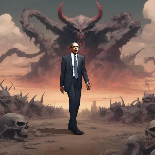 Prompt: Obama standing infront of a wasteland, with demons surrounding him anime artstyle