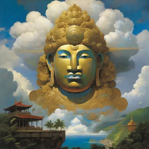 Prompt: "ancient god made of clouds, cumuliform cloud deity above the port of Haiti ,by Paul Gauguin, Yoshitaka Amano, Ikeda Ryoji, Stephen Gammel"