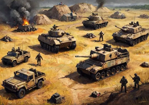 Prompt: "Foxhole" The game features a top-down, persistent world where players engage in large-scale military campaigns. It has a distinctive art style with detailed, realistic terrain and a variety of military vehicles, weapons, and structures. The visual design is quite gritty and utilitarian, reflecting its focus on strategic gameplay and teamwork.