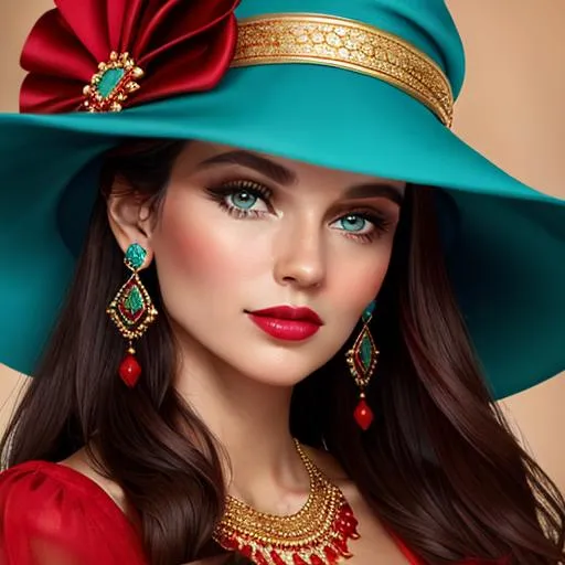 Prompt: Beautiful ethereal woman. color scheme of tuquoise and red., wearing turquoise and gold jewlry, wearing a red hat, facial closeup