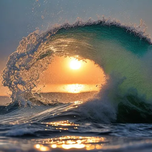 Prompt: A crashing ocean wave encirculing a setting sun in the middle